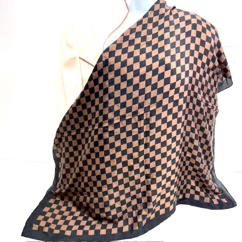 Vintage Soft Silky Magie Nore 100% Silk Satin 34" x34:  Brown Black Check(77)